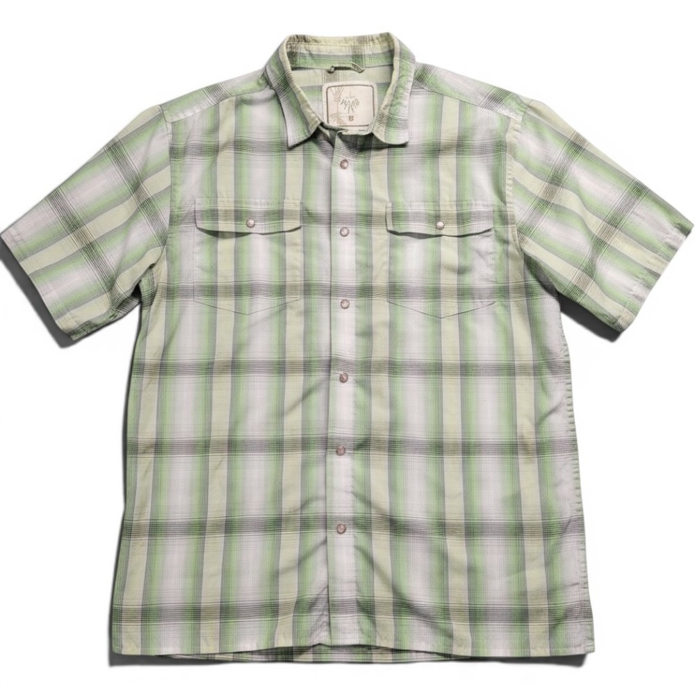PrAna Mens Green Plaid Short Sleeve Pearl Snap Button Down Shirt Large Hiking